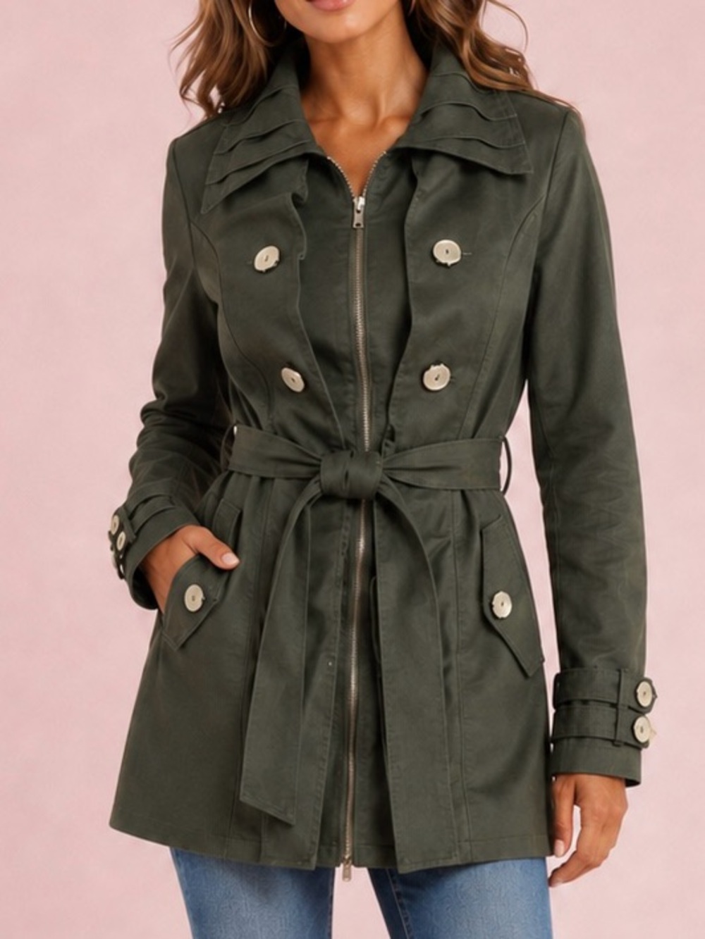 NWOT YA Los Angeles (Anthro) Army Green Ruffled Trench Coat